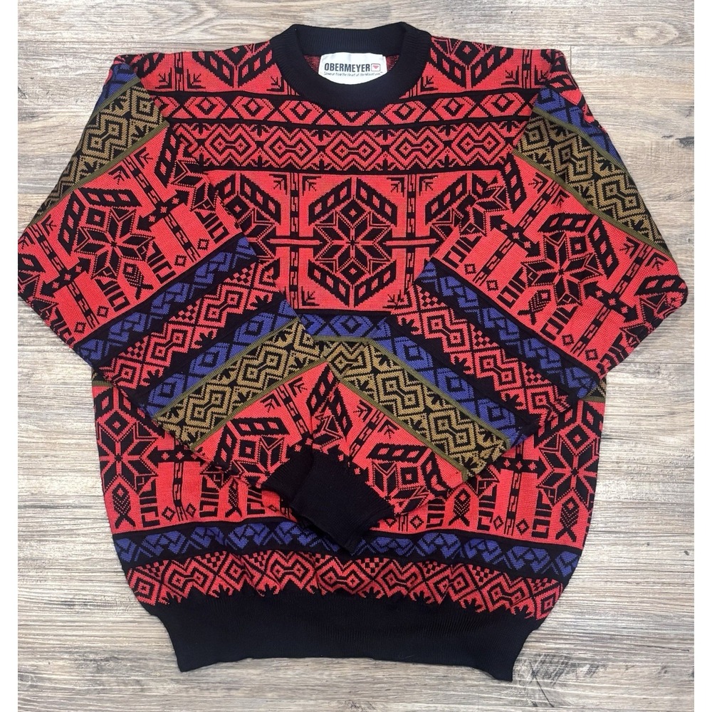 VTG 80S 90S OBERMEYER JUNEAU MENS SKI SWEATER‎ NORDIC GRANDPA KNIT CREWNECK SZ L